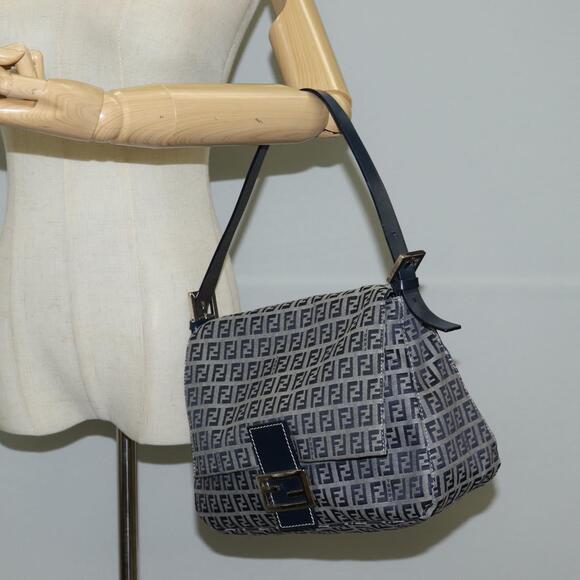 FENDI Zucchino Canvas Mamma Baguette Shoulder Bag Navy Silver - Picture 14 of 14